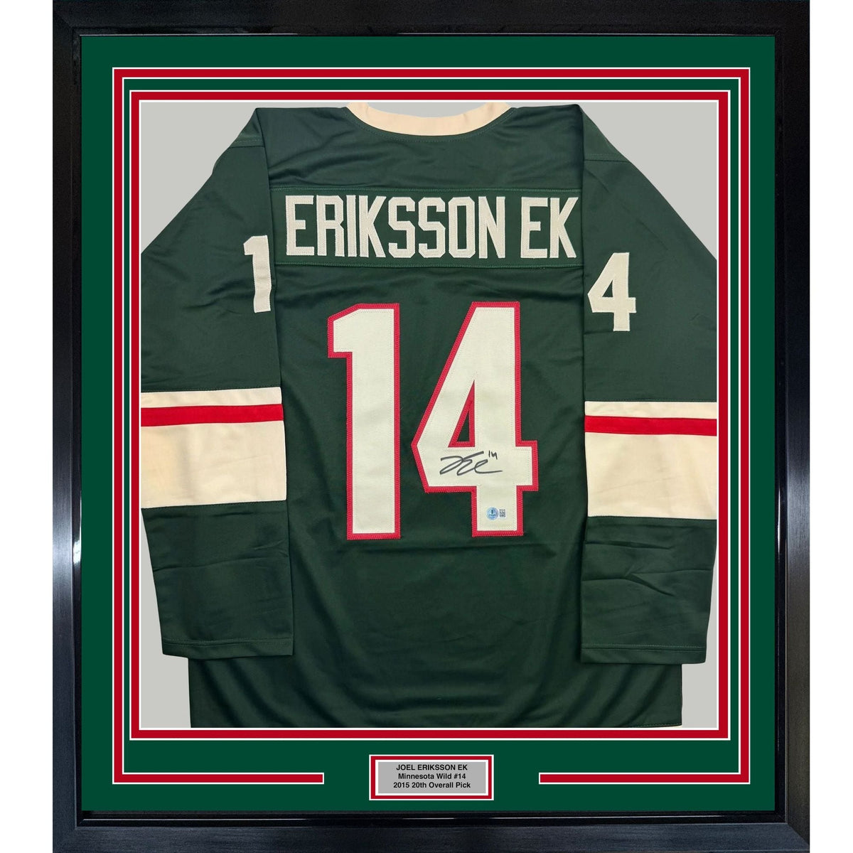 Framed Autographed/Signed Joel Eriksson Ek 35x39 Minnesota Green Hockey Jersey Beckett BAS COA