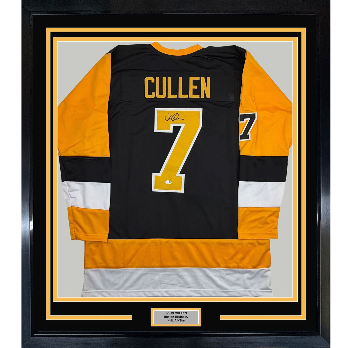 Framed Autographed/Signed John Cullen 35x39 Pittsburgh Black Hockey Jersey JSA COA