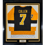 Framed Autographed/Signed John Cullen 35x39 Pittsburgh Black Hockey Jersey JSA COA