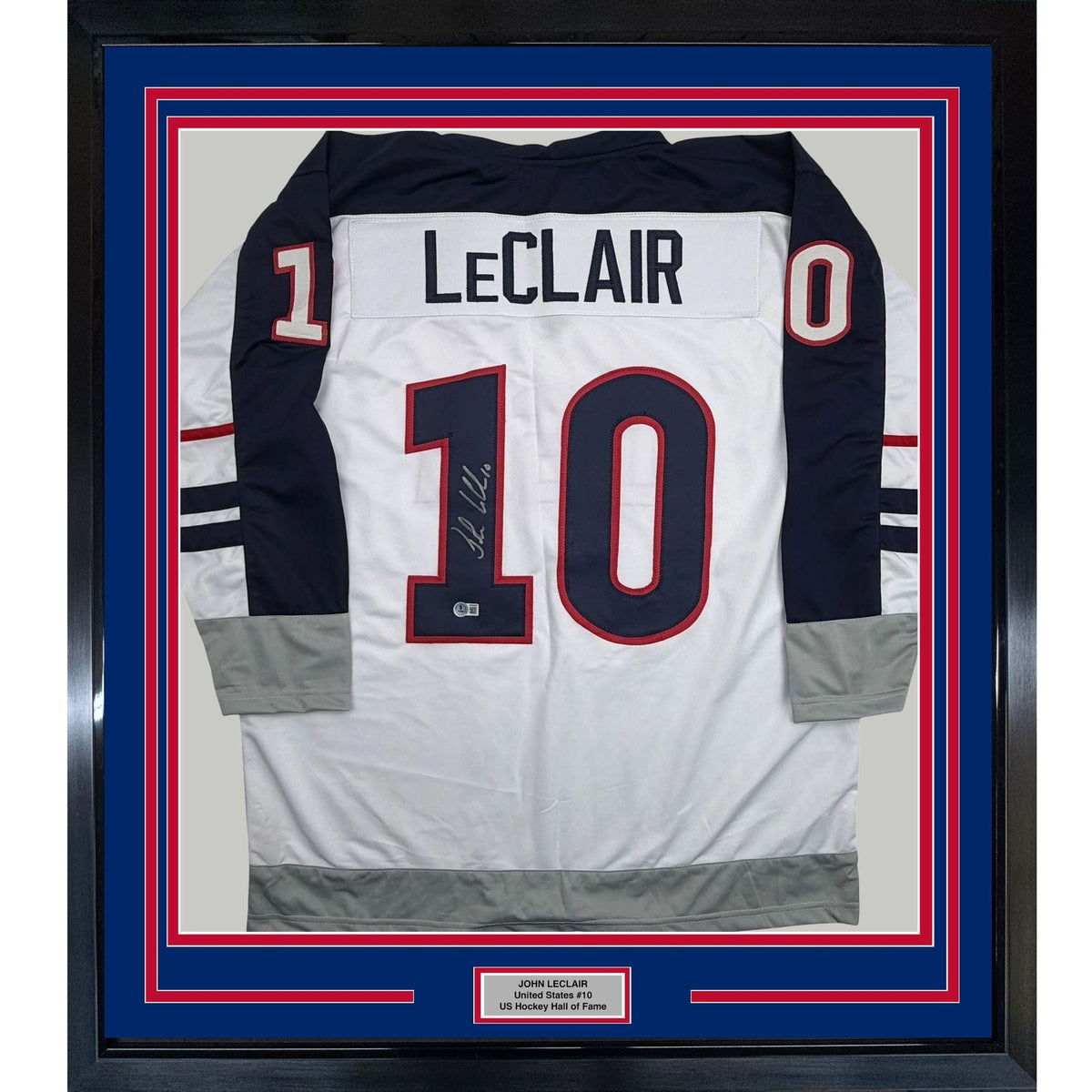 Framed Autographed/Signed John LeClair 35x39 United States Team USA White Hockey Jersey Beckett BAS COA