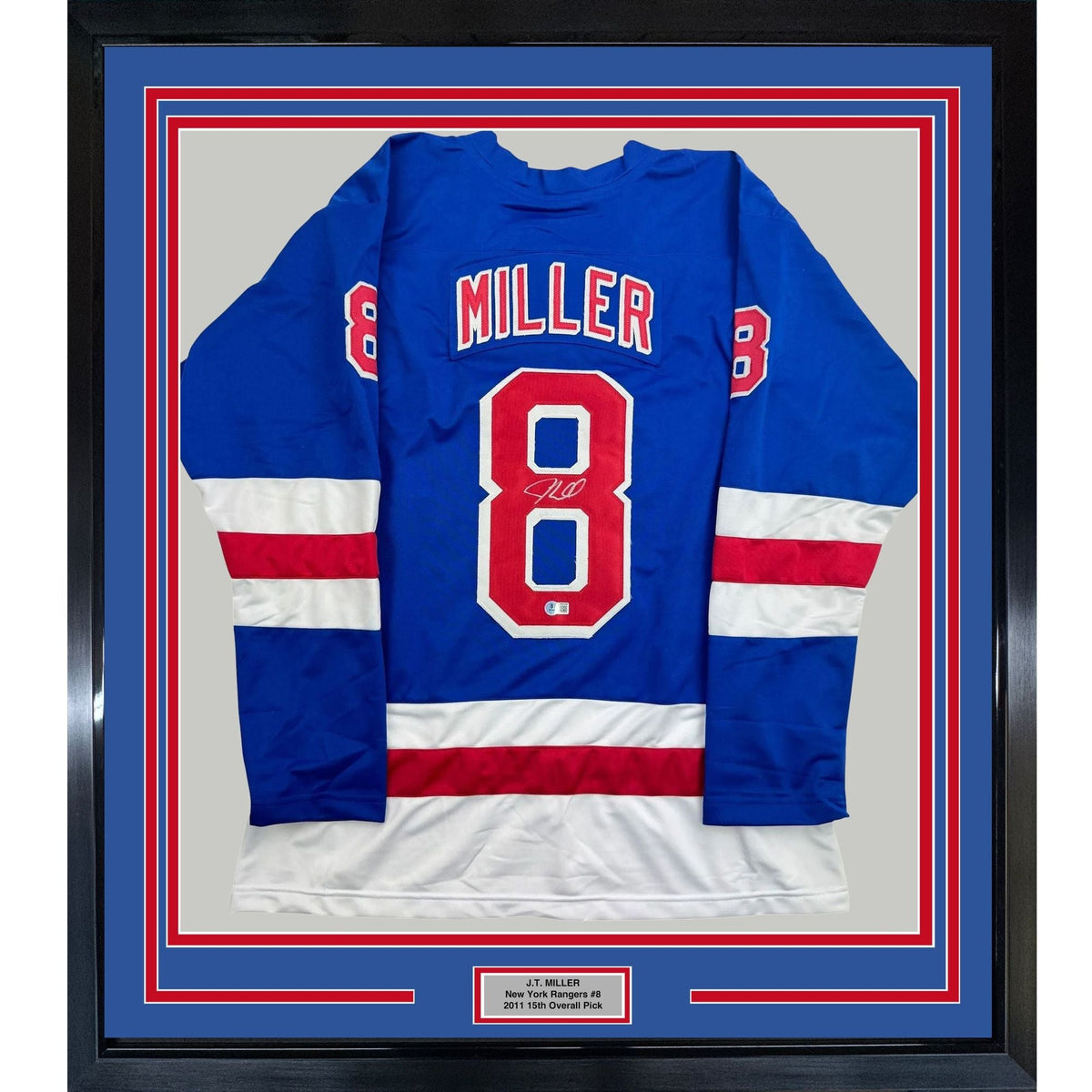 Framed Autographed/Signed JT J.T. Miller 35x39 New York Blue Hockey Jersey Beckett BAS COA