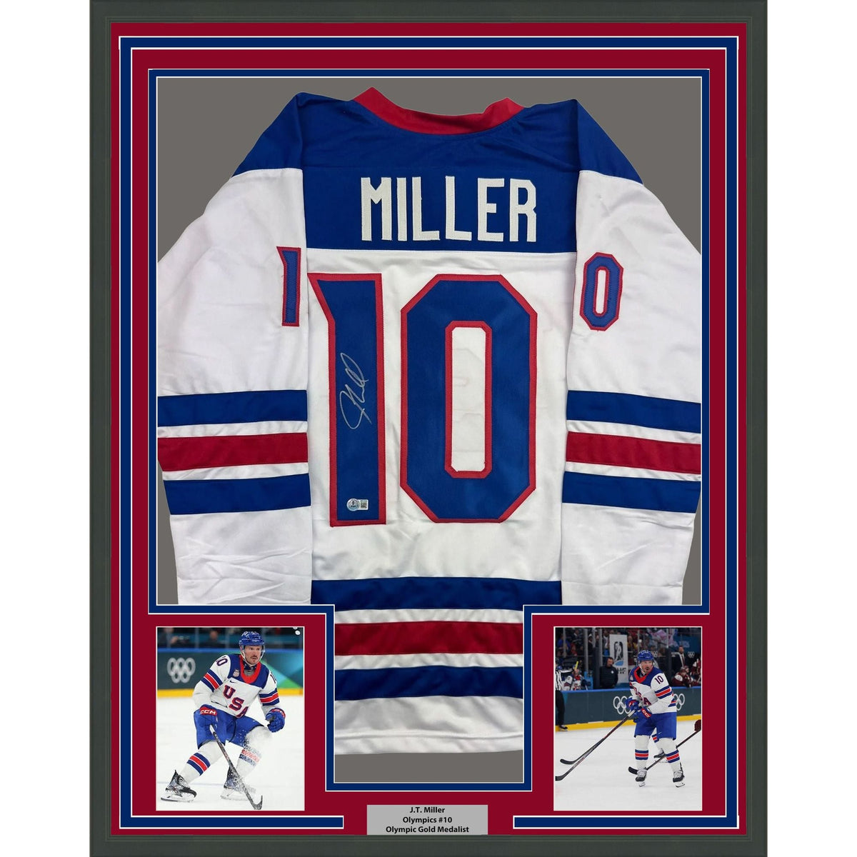 Framed Autographed/Signed JT J.T. Miller 35x39 Team USA White Hockey Jersey Beckett BAS COA