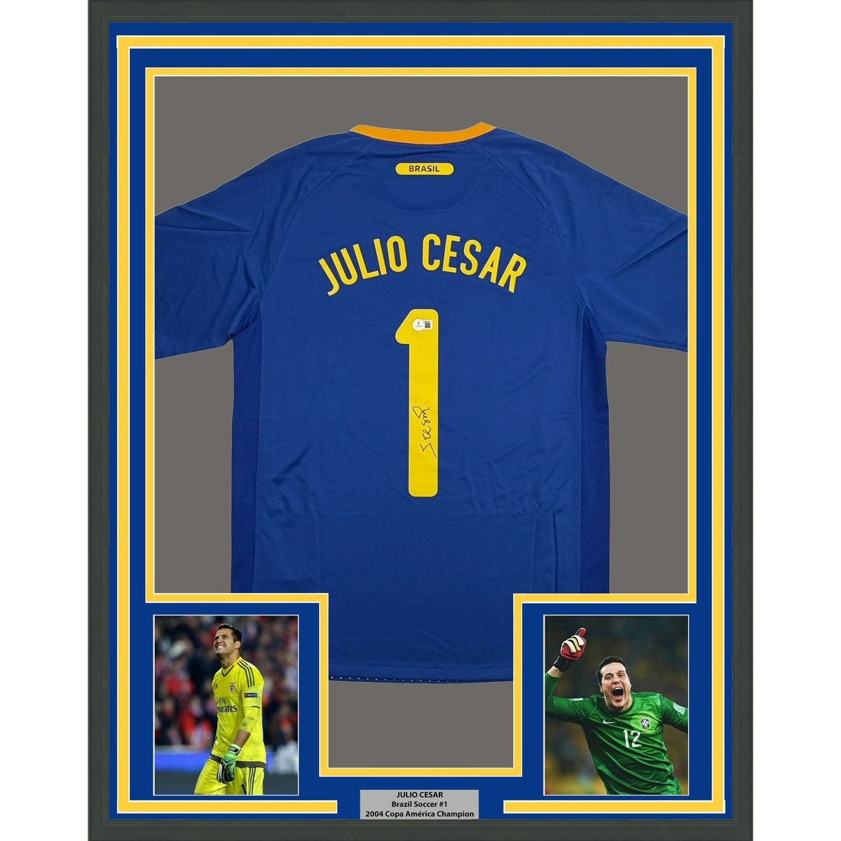 Framed Autographed/Signed Julio Cesar 35x39 Brazil Blue Soccer Futbol Jersey Beckett BAS COA