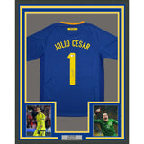 Framed Autographed/Signed Julio Cesar 35x39 Brazil Blue Soccer Futbol Jersey Beckett BAS COA