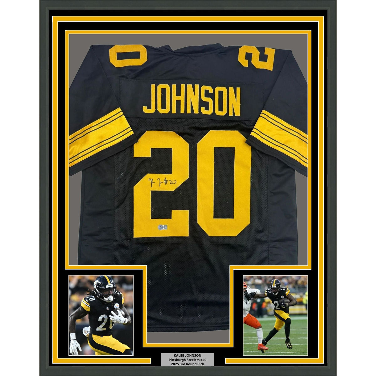 Framed Autographed/Signed Kaleb Johnson 35x39 Pittsburgh Black Color Rush Football Jersey Beckett BAS COA