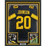 Framed Autographed/Signed Kaleb Johnson 35x39 Pittsburgh Black Color Rush Football Jersey Beckett BAS COA