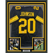 Framed Autographed/Signed Kaleb Johnson 35x39 Pittsburgh Black Color Rush Football Jersey Beckett BAS COA