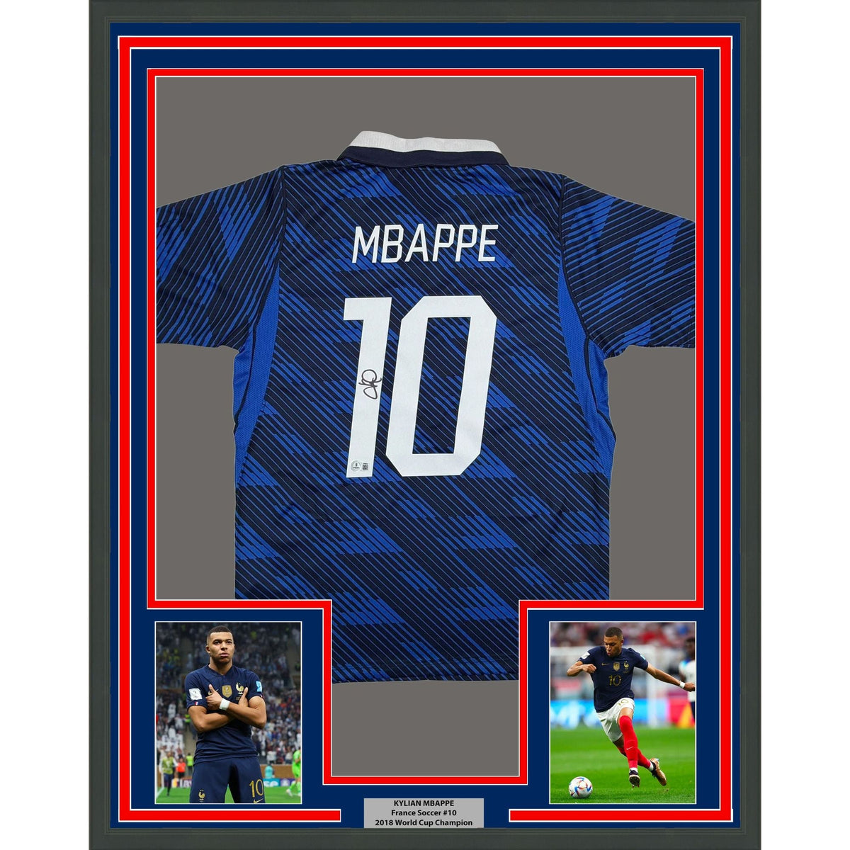 Framed Autographed/Signed Kylian Mbappe 35x39 France World Cup Blue Soccer Jersey Beckett BAS COA