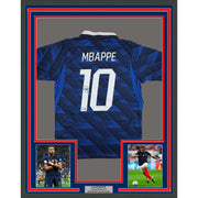 Framed Autographed/Signed Kylian Mbappe 35x39 France World Cup Blue Soccer Jersey Beckett BAS COA