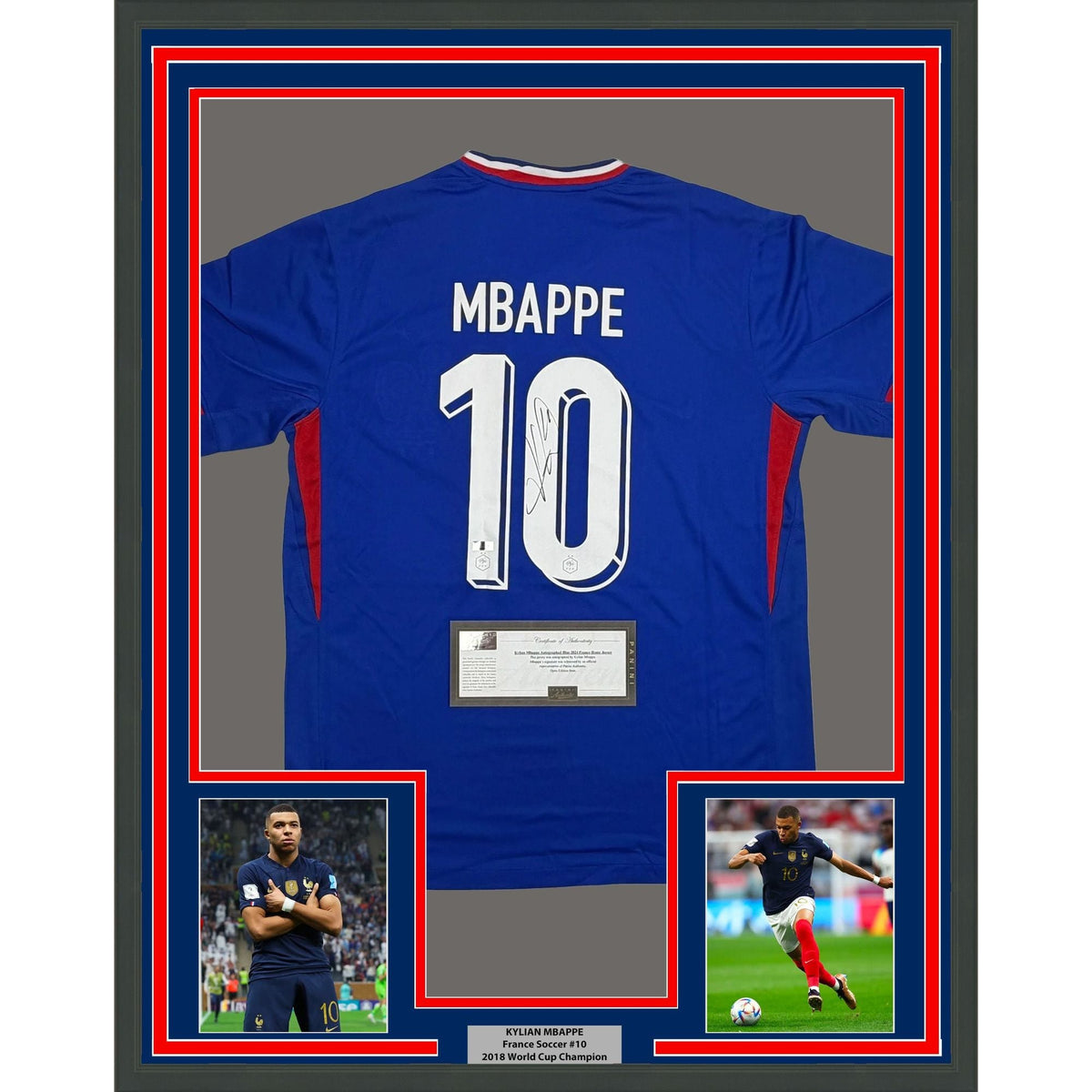 Framed Autographed/Signed Kylian Mbappe 35x39 France World Cup Blue Soccer Jersey Panini Authentic COA