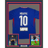 Framed Autographed/Signed Kylian Mbappe 35x39 France World Cup Blue Soccer Jersey Panini Authentic COA