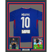 Framed Autographed/Signed Kylian Mbappe 35x39 France World Cup Blue Soccer Jersey Panini Authentic COA