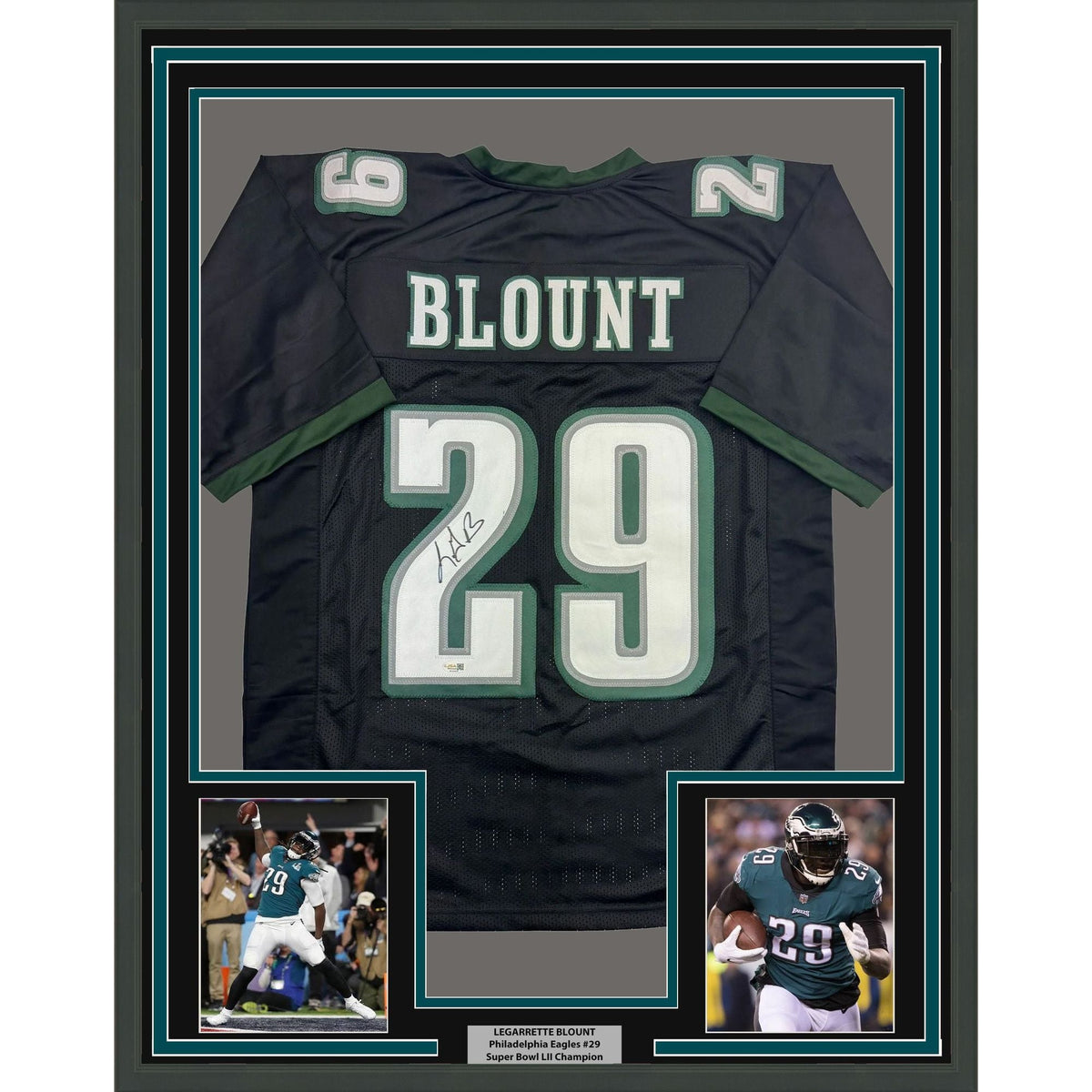Framed Autographed/Signed LeGarrette Blount 35x39 Philadelphia Black Football Jersey JSA COA