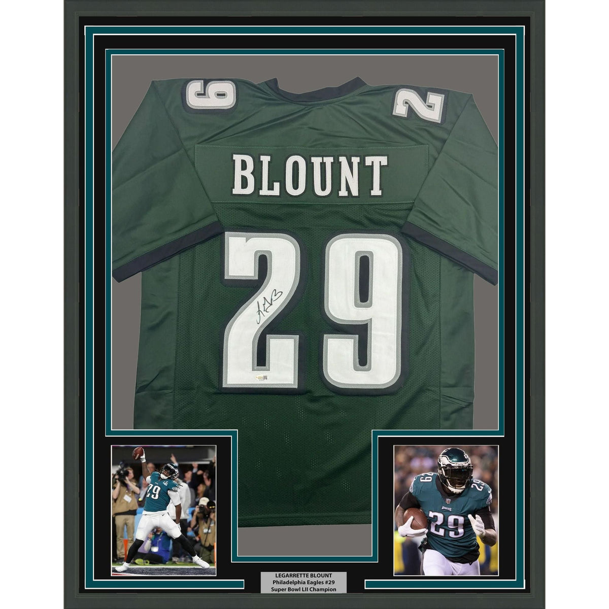 Framed Autographed/Signed LeGarrette Blount 35x39 Philadelphia Green Football Jersey JSA COA