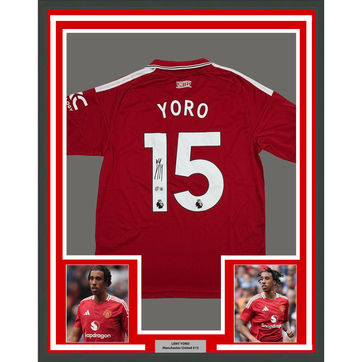 Framed Autographed/Signed Leny Yoro 35x39 Manchester United Red Soccer Futbol Jersey Beckett BAS COA