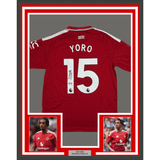 Framed Autographed/Signed Leny Yoro 35x39 Manchester United Red Soccer Futbol Jersey Beckett BAS COA