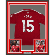 Framed Autographed/Signed Leny Yoro 35x39 Manchester United Red Soccer Futbol Jersey Beckett BAS COA