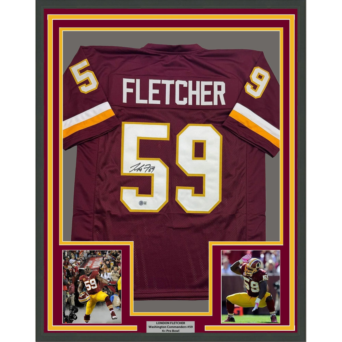 Framed Autographed/Signed London Fletcher 35x39 Washington Maroon Football Jersey Beckett BAS COA