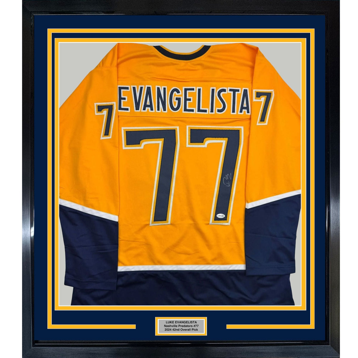 Framed Autographed/Signed Luke Evangelista 35x39 Nashville Yellow Hockey Jersey JSA COA