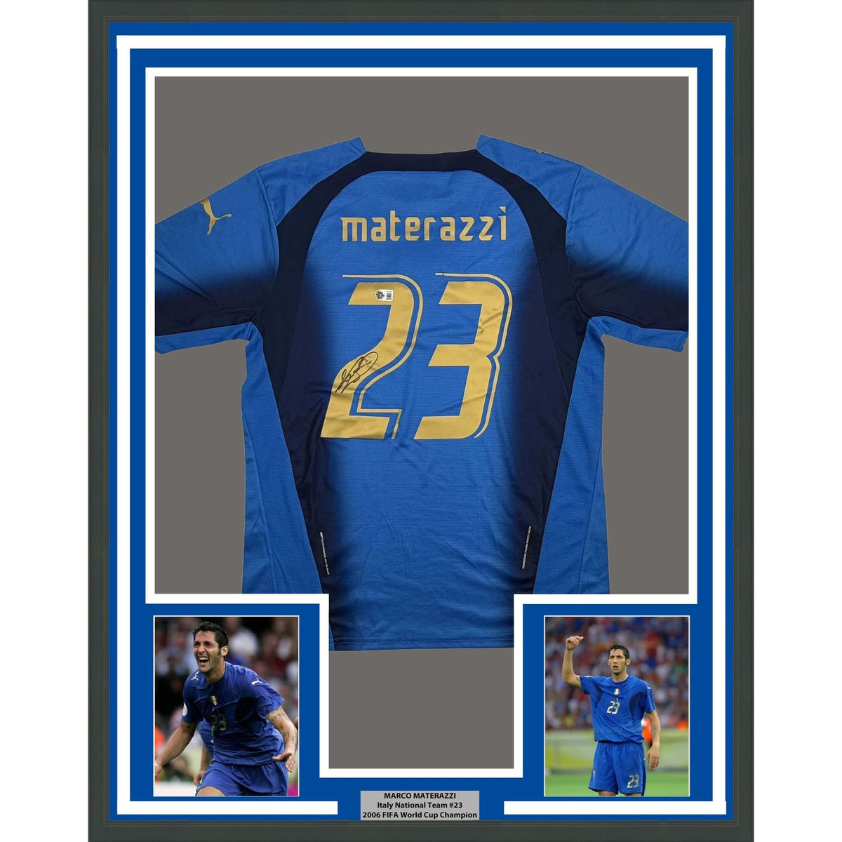 Framed Autographed/Signed Marco Materazzi 35x39 Italy Blue Soccer Futbol Jersey Beckett BAS COA
