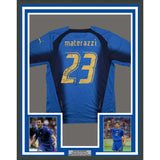 Framed Autographed/Signed Marco Materazzi 35x39 Italy Blue Soccer Futbol Jersey Beckett BAS COA