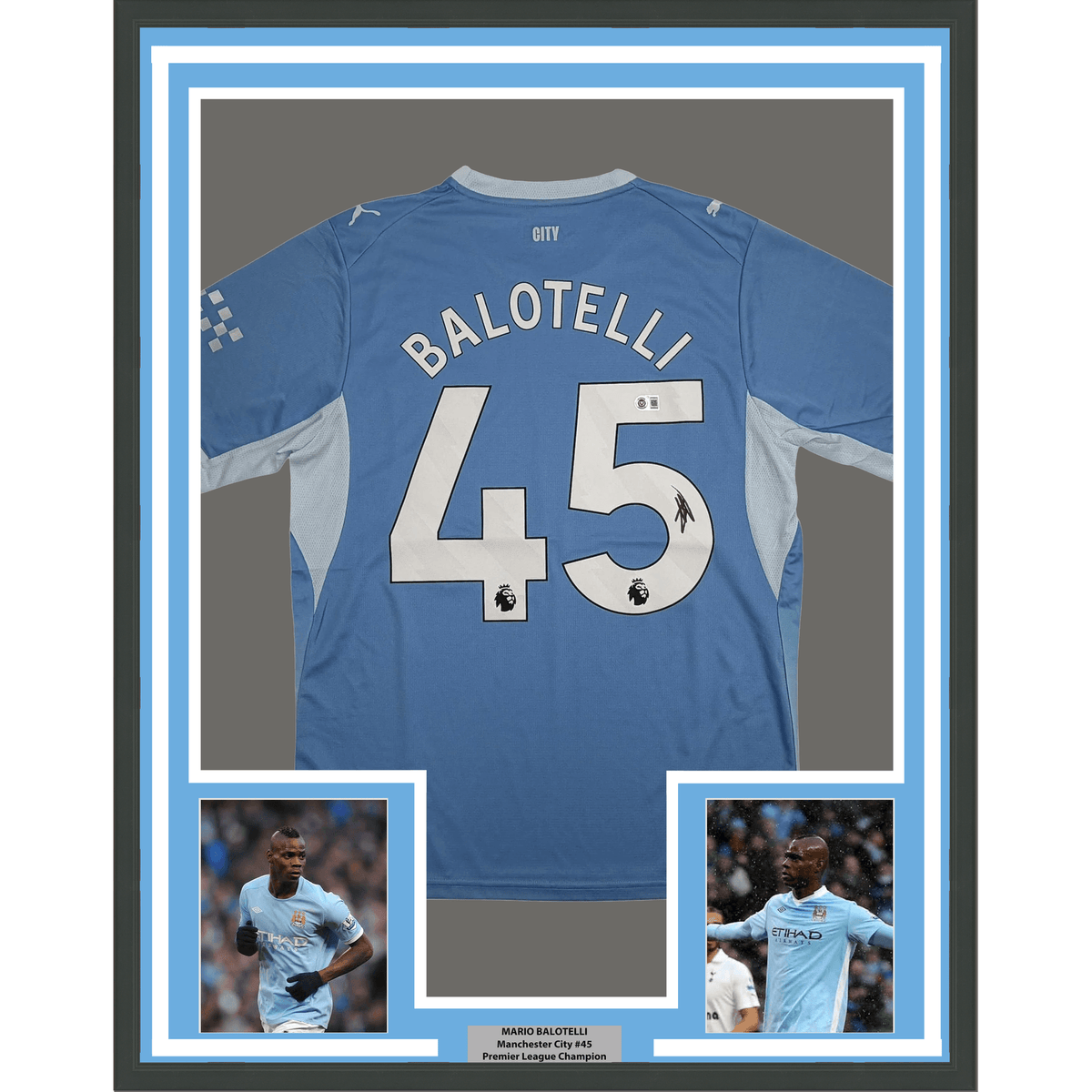 Framed Autographed/Signed Mario Balotelli 35x39 Manchester City Blue Soccer Futbol Jersey Beckett BAS COA