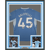 Framed Autographed/Signed Mario Balotelli 35x39 Manchester City Blue Soccer Futbol Jersey Beckett BAS COA