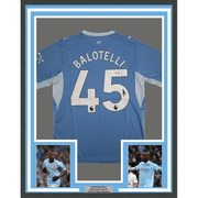 Framed Autographed/Signed Mario Balotelli 35x39 Manchester City Blue Soccer Futbol Jersey Beckett BAS COA