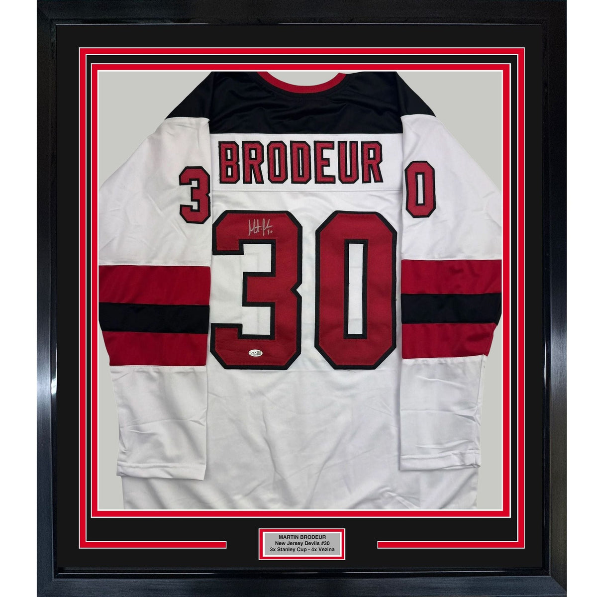 Framed Autographed/Signed Martin Brodeur 35x39 New Jersey NJ White Hockey Jersey Beckett BAS COA
