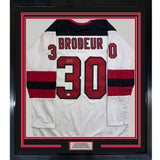 Framed Autographed/Signed Martin Brodeur 35x39 New Jersey NJ White Hockey Jersey Beckett BAS COA