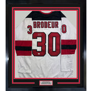 Framed Autographed/Signed Martin Brodeur 35x39 New Jersey NJ White Hockey Jersey Beckett BAS COA