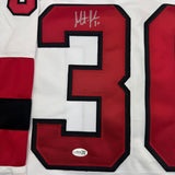Framed Autographed/Signed Martin Brodeur 35x39 New Jersey NJ White Hockey Jersey Beckett BAS COA