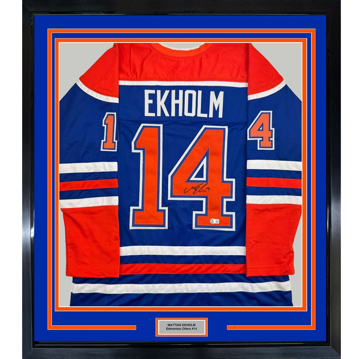Framed Autographed/Signed Mattias Ekholm 35x39 Edmonton Blue Hockey Jersey Beckett BAS COA