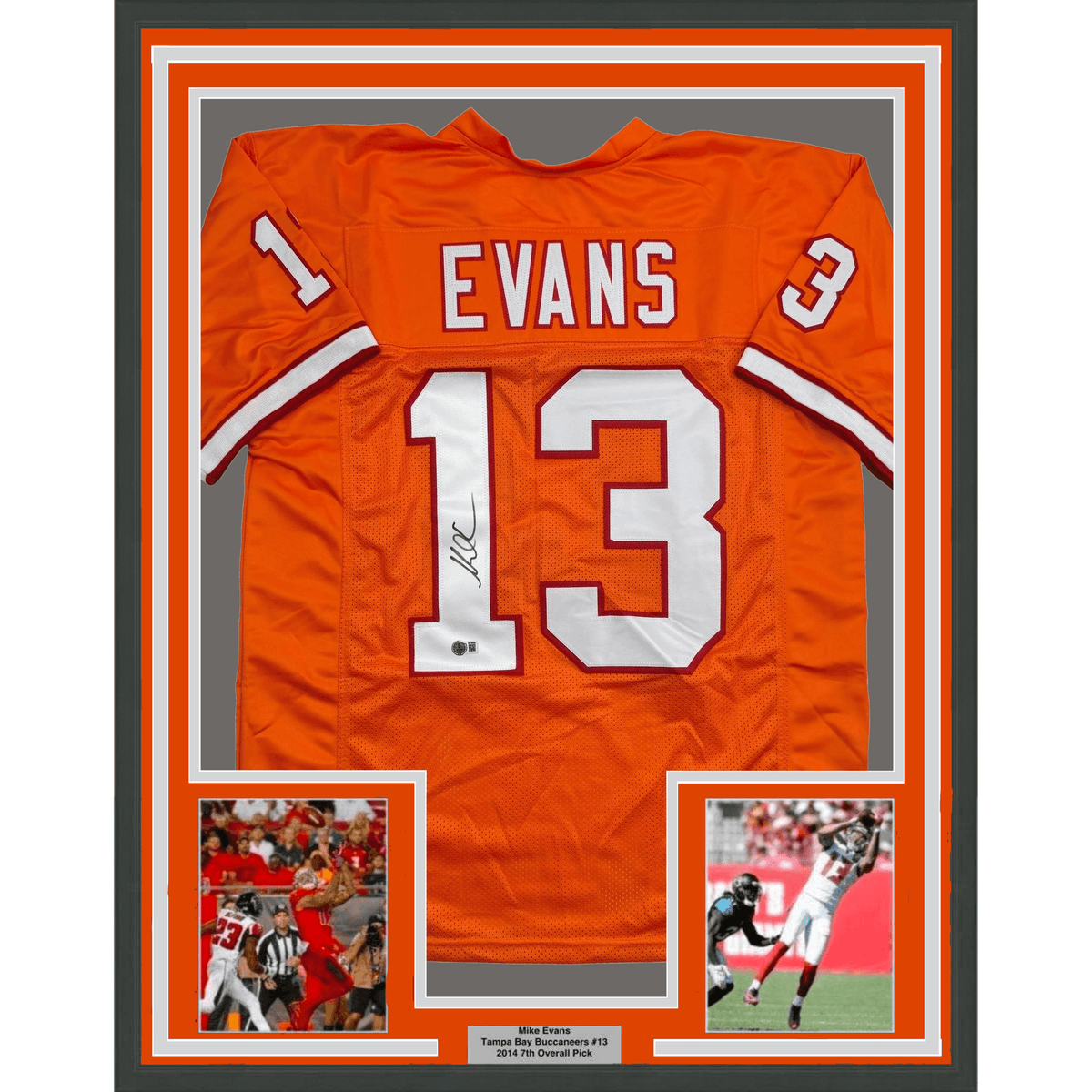Framed Autographed/Signed Mike Evans 35x39 Tampa Bay Orange Creamsicle Football Jersey Beckett BAS COA
