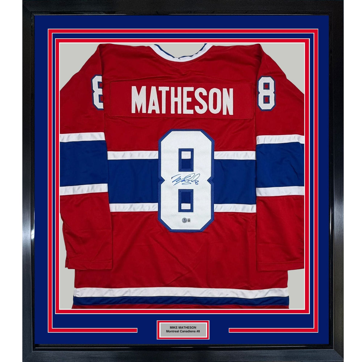 Framed Autographed/Signed Mike Matheson 35x39 Montreal Red Hockey Jersey Beckett BAS COA