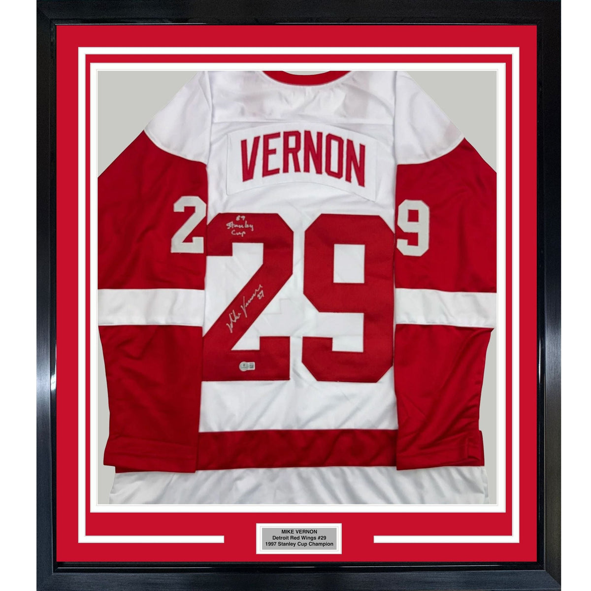 Framed Autographed/Signed Mike Vernon 35x39 Detroit White Hockey Jersey Beckett BAS COA