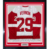 Framed Autographed/Signed Mike Vernon 35x39 Detroit White Hockey Jersey Beckett BAS COA
