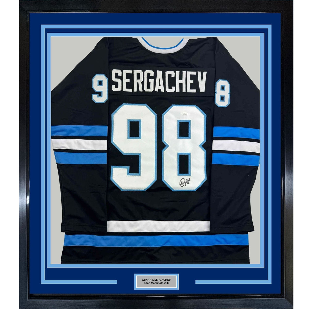 Framed Autographed/Signed Mikhail Sergachev 35x39 Utah Black Hockey Jersey JSA COA