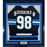 Framed Autographed/Signed Mikhail Sergachev 35x39 Utah Black Hockey Jersey JSA COA