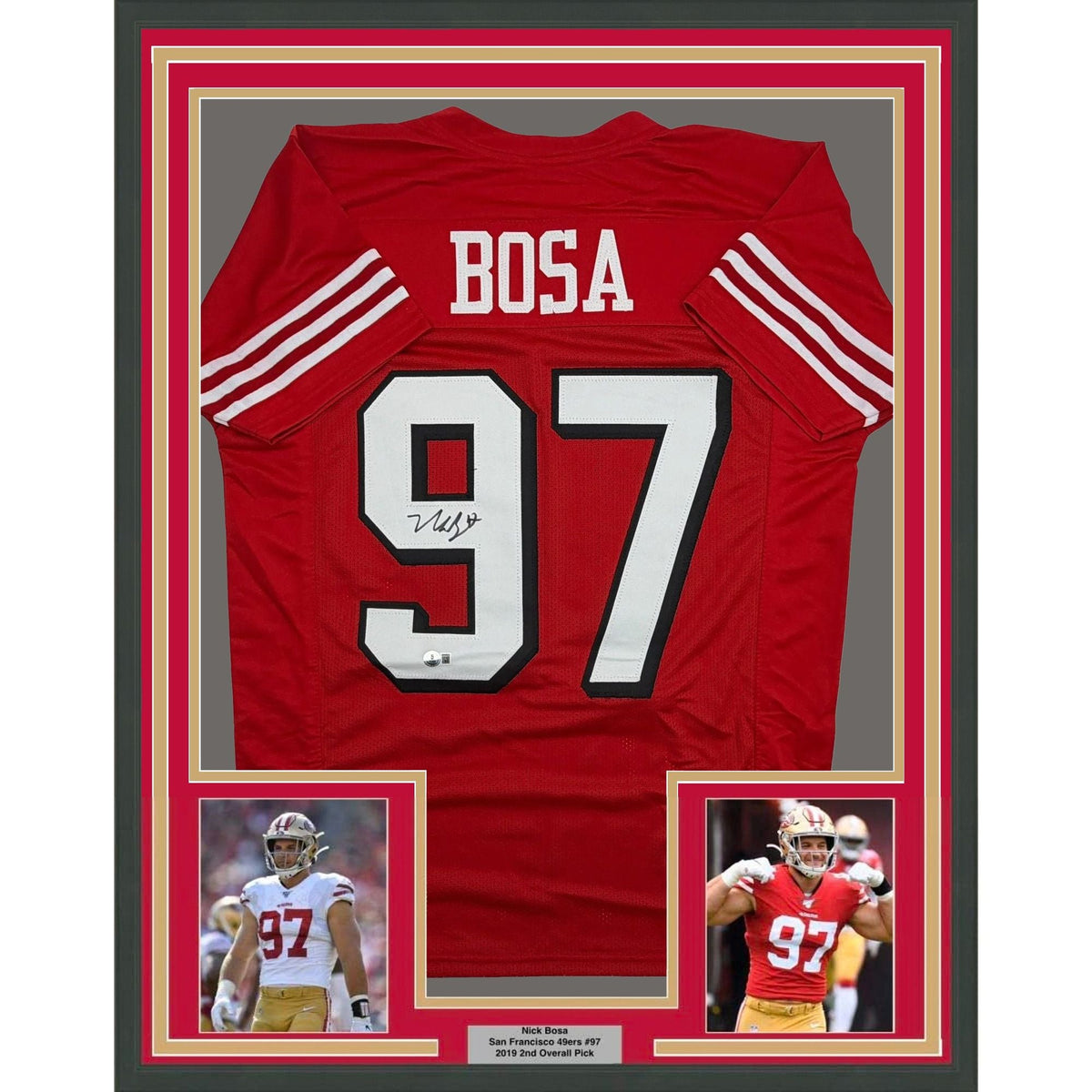 Framed Autographed/Signed Nick Bosa 35x39 San Francisco Red Alternate Football Jersey Beckett BAS COA