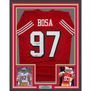 Framed Autographed/Signed Nick Bosa 35x39 San Francisco Red Alternate Football Jersey Beckett BAS COA