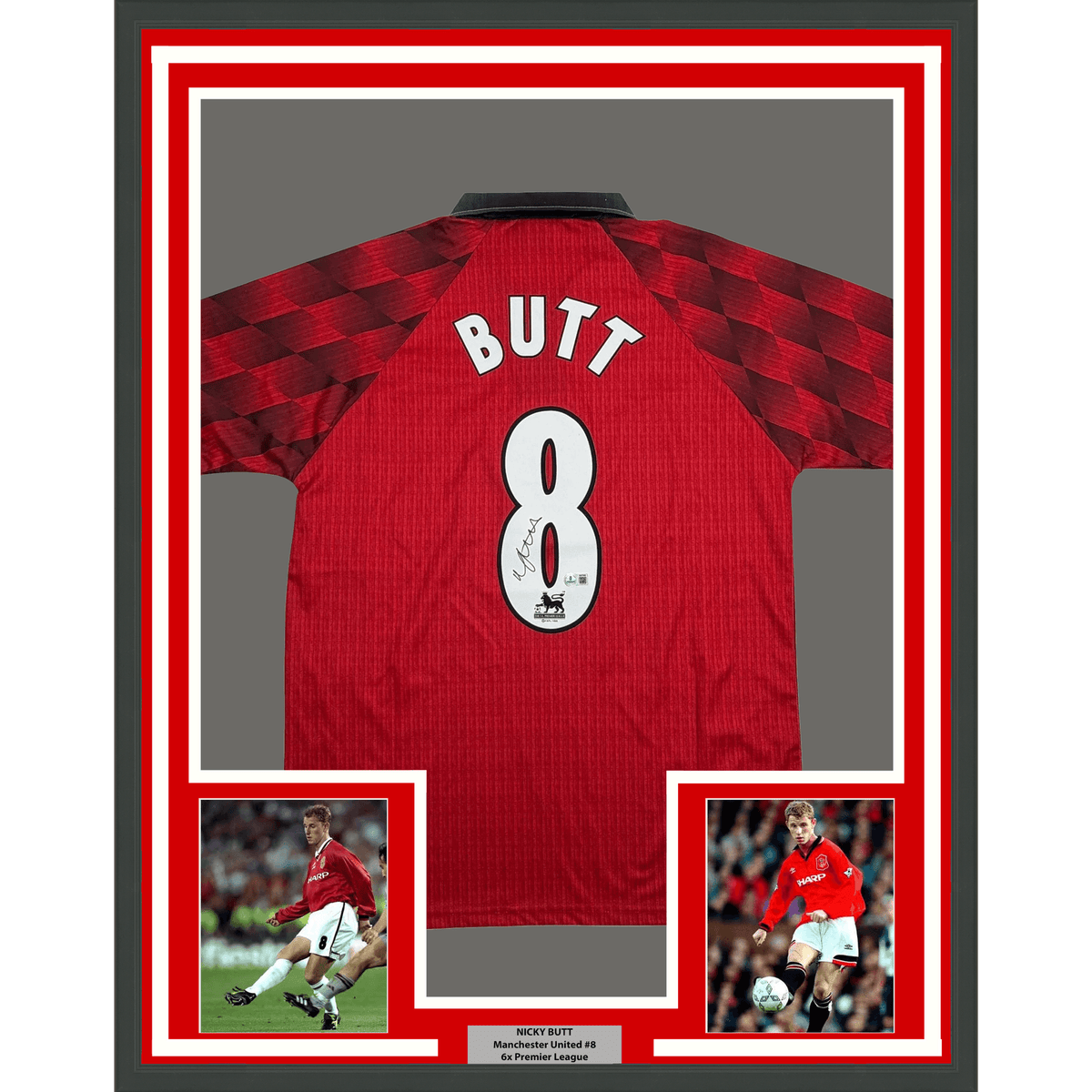 Framed Autographed/Signed Nicky Butt 35x39 Manchester United Red Soccer Futbol Jersey Beckett BAS COA
