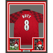 Framed Autographed/Signed Nicky Butt 35x39 Manchester United Red Soccer Futbol Jersey Beckett BAS COA