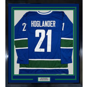 Framed Autographed/Signed Nils Hoglander 35x39 Vancouver Blue Hockey Jersey Beckett BAS COA