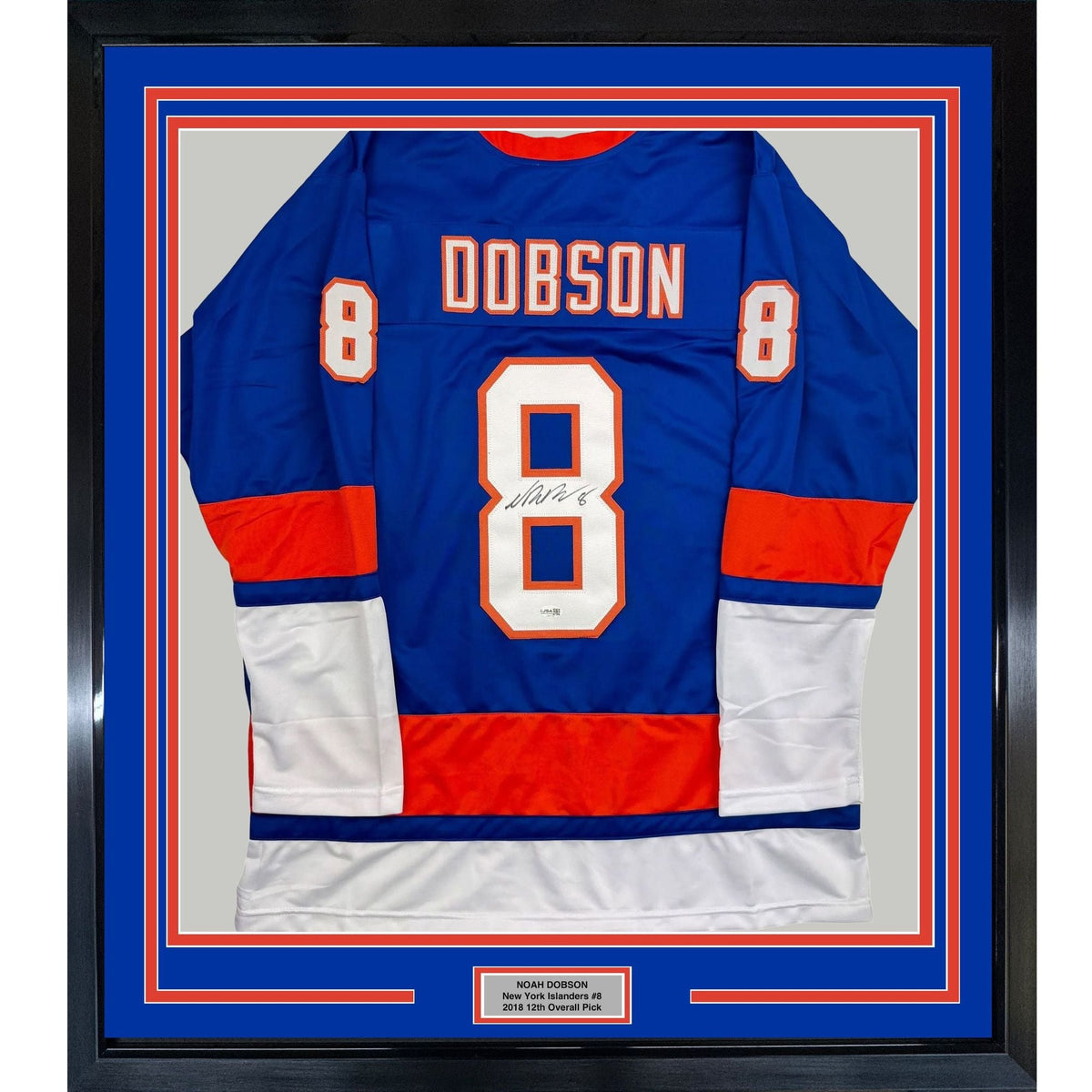 Framed Autographed/Signed Noah Dobson 35x39 New York Blue Hockey Jersey JSA COA