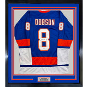 Framed Autographed/Signed Noah Dobson 35x39 New York Blue Hockey Jersey JSA COA