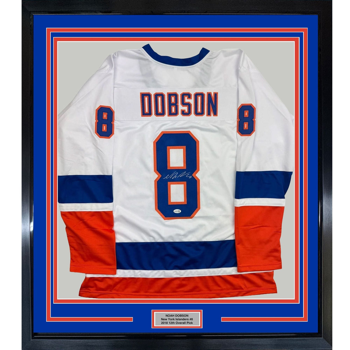 Framed Autographed/Signed Noah Dobson 35x39 New York White Hockey Jersey JSA COA