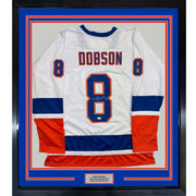 Framed Autographed/Signed Noah Dobson 35x39 New York White Hockey Jersey JSA COA