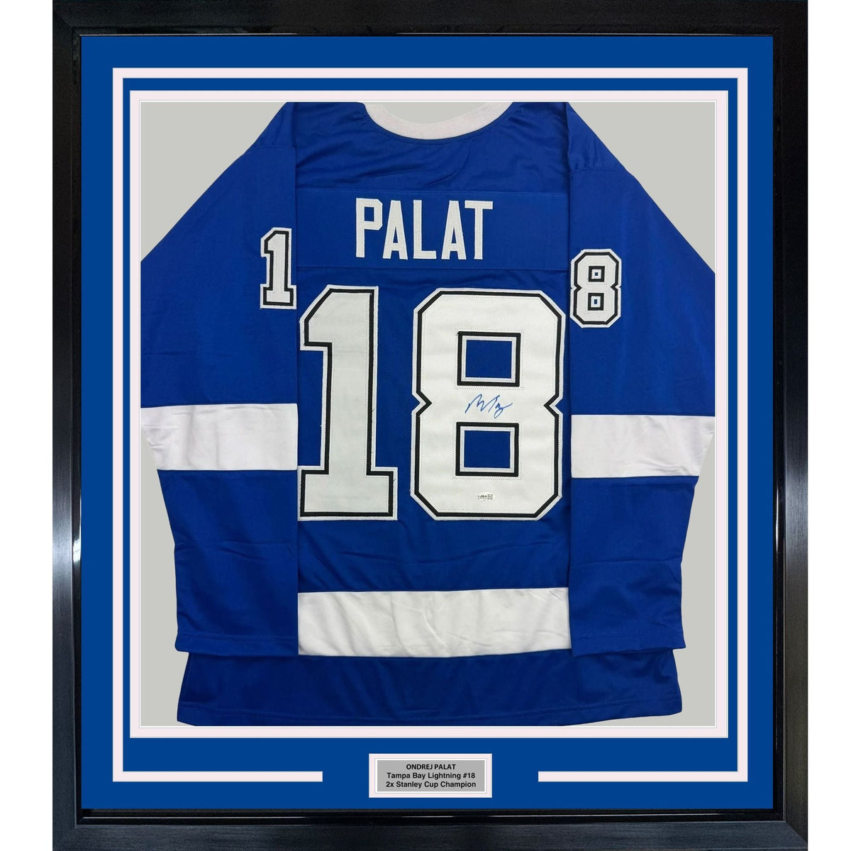 Framed Autographed/Signed Ondrej Palat 35x39 Tampa Bay Blue Hockey Jersey JSA COA
