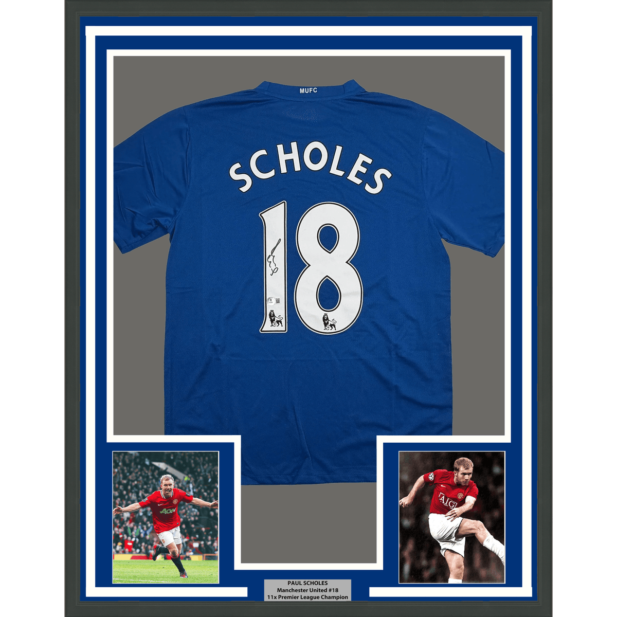 Framed Autographed/Signed Paul Scholes 35x39 Manchester United Blue Soccer Futbol Jersey Beckett BAS COA